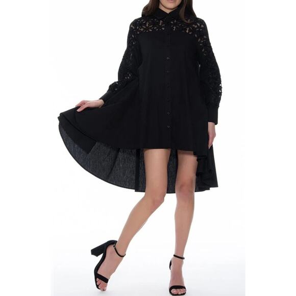 Gracia A-Line Long Sleeved Mesh Trim Shirt Dress Button Front Hi Lo Womens L - Picture 1 of 11